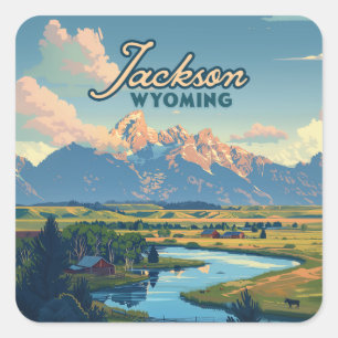 Jackson Hole Wyoming Ranch Tetons Mountains Retro Quadratischer Aufkleber