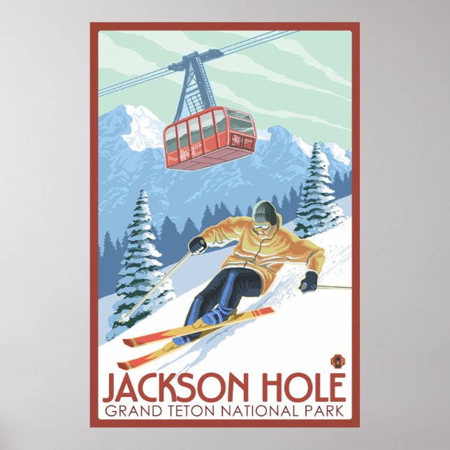 Jackson Hole, Wyoming - Skier und Tram Poster (Vorne)