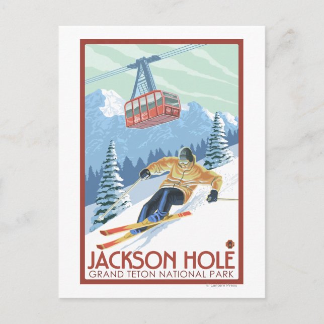 Jackson Hole, Wyoming Skier und Tram Postkarte (Vorderseite)