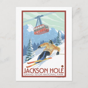 Jackson Hole, Wyoming Skier und Tram Postkarte