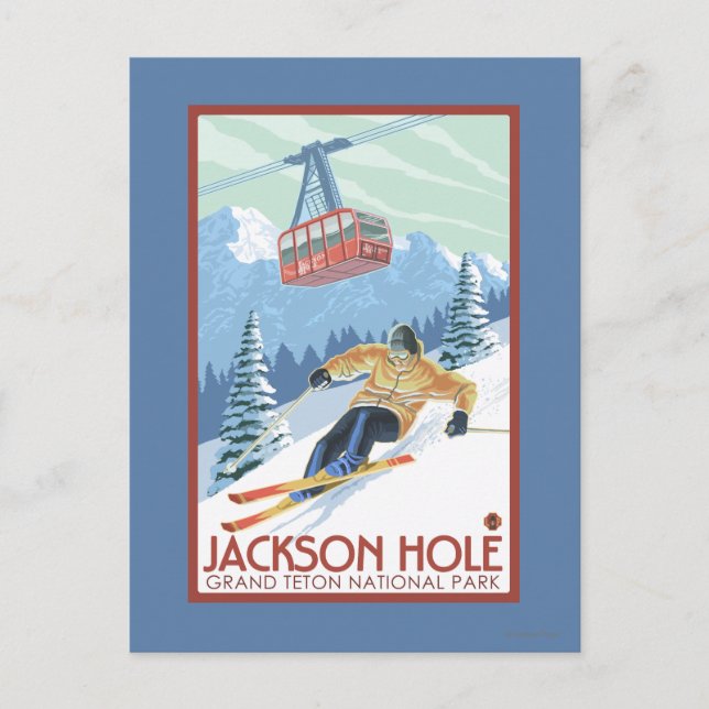 Jackson Hole, Wyoming Skier und Tram Postkarte (Vorderseite)