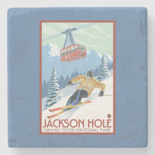 Jackson Hole, Wyoming-Skifahrer und Tram Steinuntersetzer