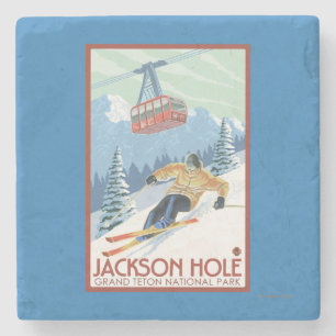 Jackson Hole, Wyoming-Skifahrer und Tram Steinuntersetzer