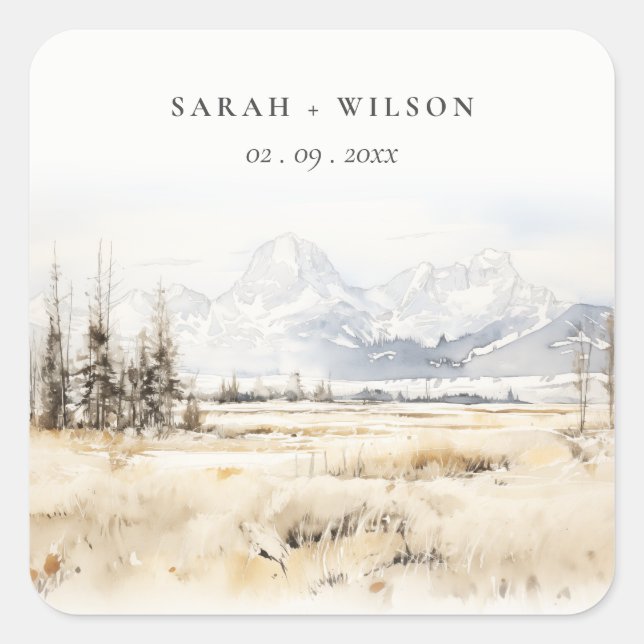 Jackson Hole Wyoming Watercolor Landscape Wedding Quadratischer Aufkleber (Vorderseite)