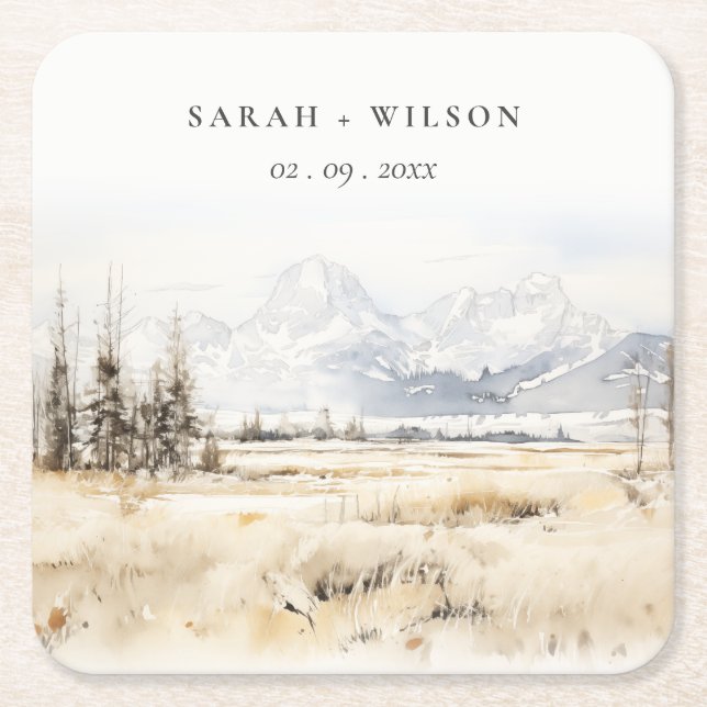 Jackson Hole Wyoming Watercolor Landscape Wedding Rechteckiger Pappuntersetzer (Vorderseite)