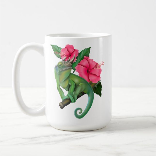 Jackson's Chameleon mit Hibiskus Kaffeetasse (Links)