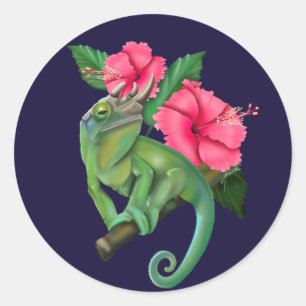 Jackson's Chameleon mit Hibiskus Runder Aufkleber