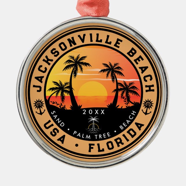 Jacksonville Beach Florida tropisches Retro Sunset Ornament Aus Metall (Vorne)