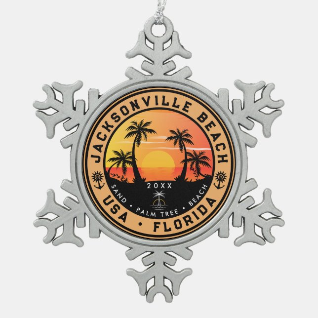 Jacksonville Beach Florida tropisches Retro Sunset Schneeflocken Zinn-Ornament (Vorderseite)