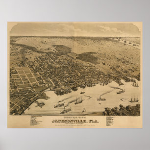 Jacksonville, FL Birdseye Map, Circe 1874 Poster
