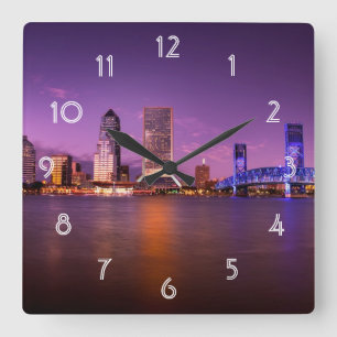 Jacksonville Florida Skyline at Night Quadratische Wanduhr