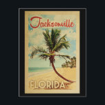 Jacksonville Palm Tree Vintage Travel Postkarte<br><div class="desc">Ein einzigartiges Retro Mitte des Jahrhunderts moderne Jacksonville Florida Kunstdruck in Vintage Reise Poster Stil. Es verfügt über eine geschwungene Palme am Sandstrand mit Ozean unter einem blauen bewölkten Himmel.</div>