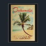 Jacksonville Palm Tree Vintage Travel Postkarte<br><div class="desc">Ein einzigartiges Retro Mitte des Jahrhunderts moderne Jacksonville Florida Kunstdruck in Vintage Reise Poster Stil. Es verfügt über eine geschwungene Palme am Sandstrand mit Ozean unter einem blauen bewölkten Himmel.</div>