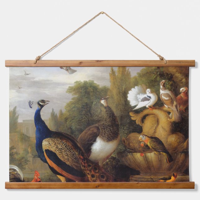 Jacob Bogdani Peacock Peahen Parrots Canary Wandteppich Mit Holzrahmen (Vorne)
