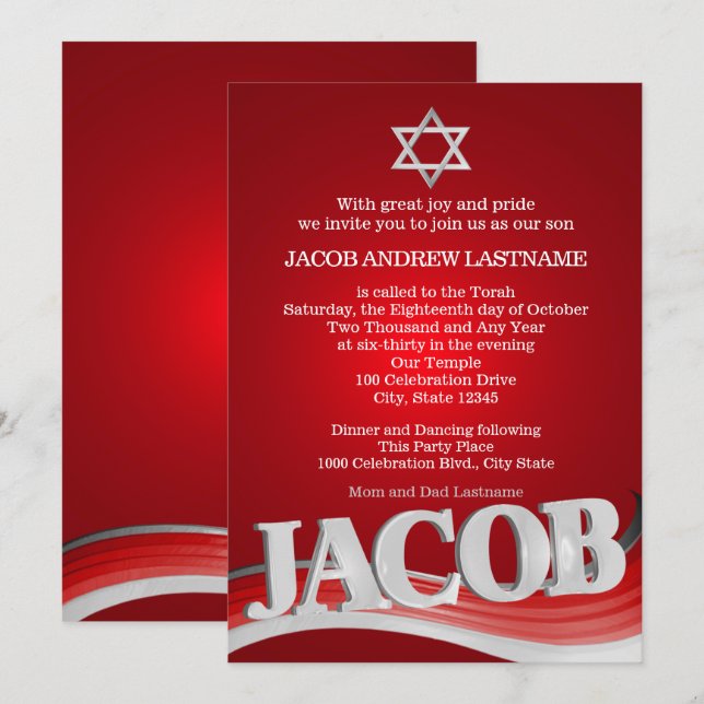 Jacob Steel Wave Red Bar Mitzvah Einladung (Vorne/Hinten)
