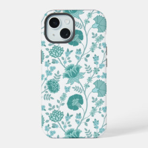 Jacobean Blumen großes Muster Teals auf Weiß iPhone 15 Hülle
