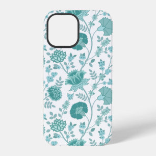 Jacobean Blumen Großes Muster Teals auf Weiß iPhone 12 Pro Hülle