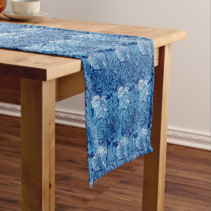 Jacobeanische Blumendamast, Navy, Himmelblau und W Kurzer Tischläufer