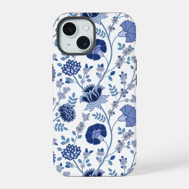 Jacobobobohnenfloral Big Pattern Blues auf Weiß iPhone 15 Hülle (Rückseite)