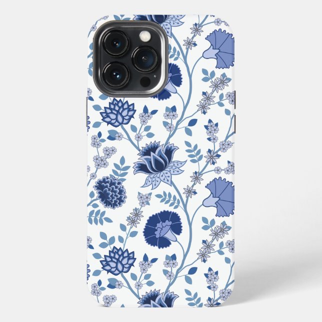 Jacobobobohnenfloral Big Pattern Blues auf Weiß iPhone Hülle (Rückseite)