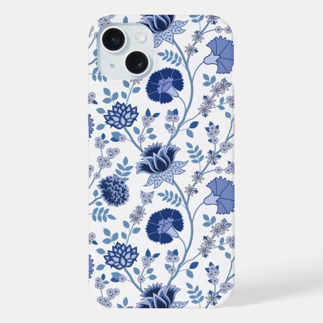 Jacobobobohnenfloral Big Pattern Blues auf Weiß iPhone Hülle (Rückseite)