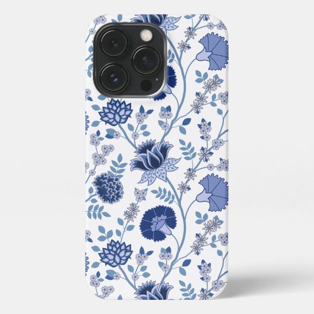 Jacobobobohnenfloral Big Pattern Blues auf Weiß iPhone Hülle (Rückseite)