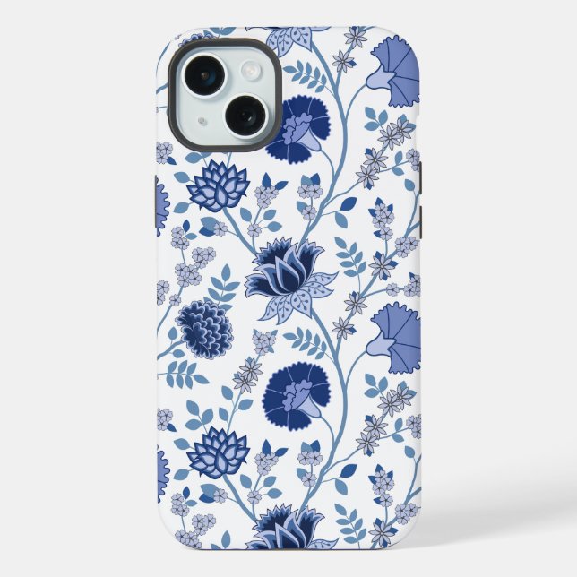 Jacobobobohnenfloral Big Pattern Blues auf Weiß iPhone Hülle (Rückseite)