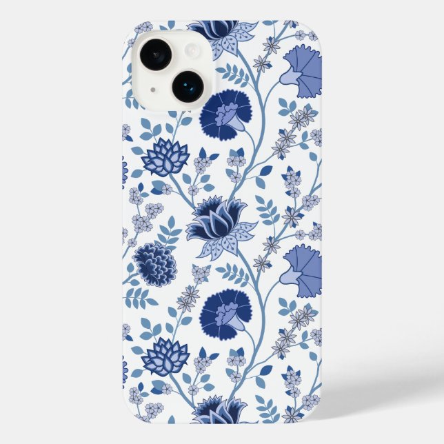 Jacobobobohnenfloral Big Pattern Blues auf Weiß iPhone Hülle (Rückseite)