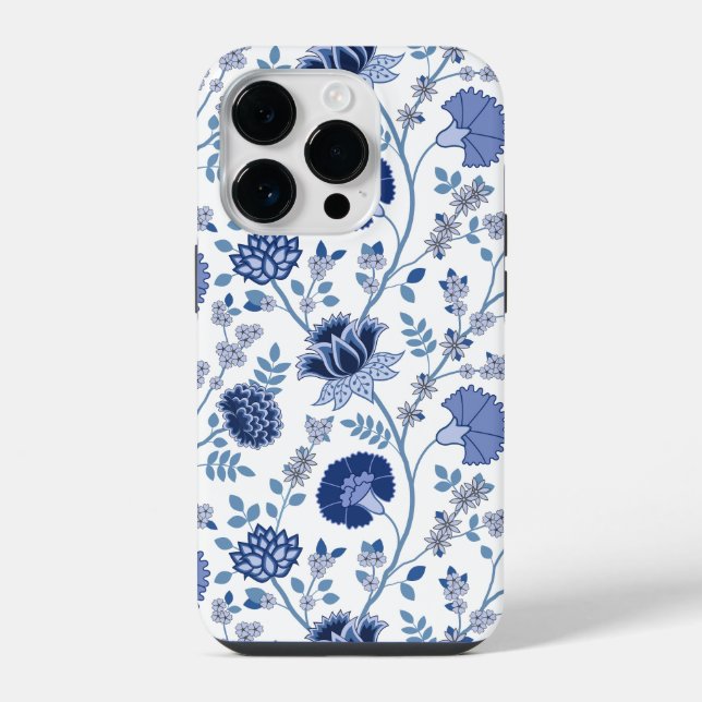 Jacobobobohnenfloral Big Pattern Blues auf Weiß iPhone Hülle (Rückseite)