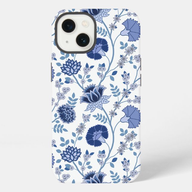 Jacobobobohnenfloral Big Pattern Blues auf Weiß iPhone Hülle (Rückseite)