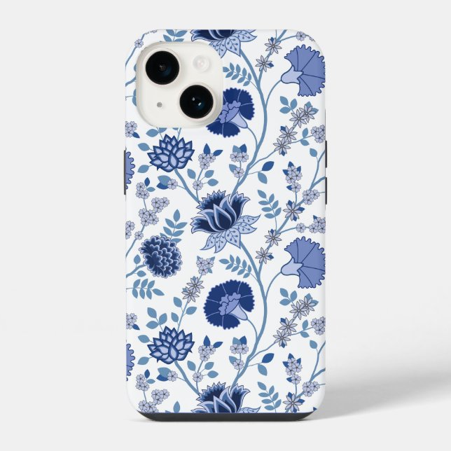 Jacobobobohnenfloral Big Pattern Blues auf Weiß iPhone Hülle (Rückseite)