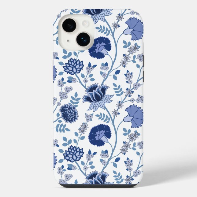 Jacobobobohnenfloral Big Pattern Blues auf Weiß iPhone Hülle (Rückseite)