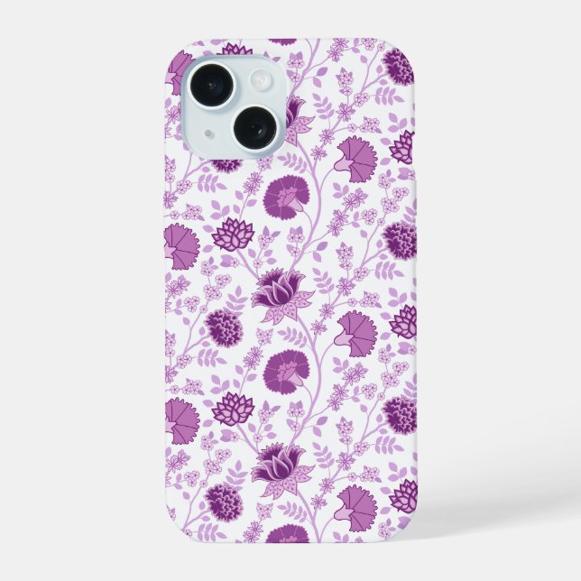 Jacobobohnenfloral Repeat Pattern Pinks auf Weiß iPhone 15 Hülle (Rückseite)