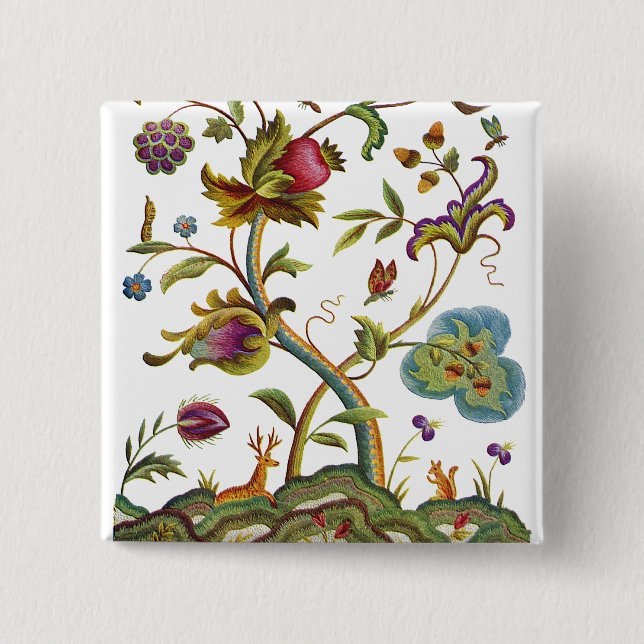 Jacobohne Crewel Stickerei Baum des Lebens Button (Vorderseite)