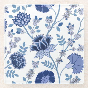 Jacobohne Floral Lg Muster Blau auf Weiß Glasuntersetzer