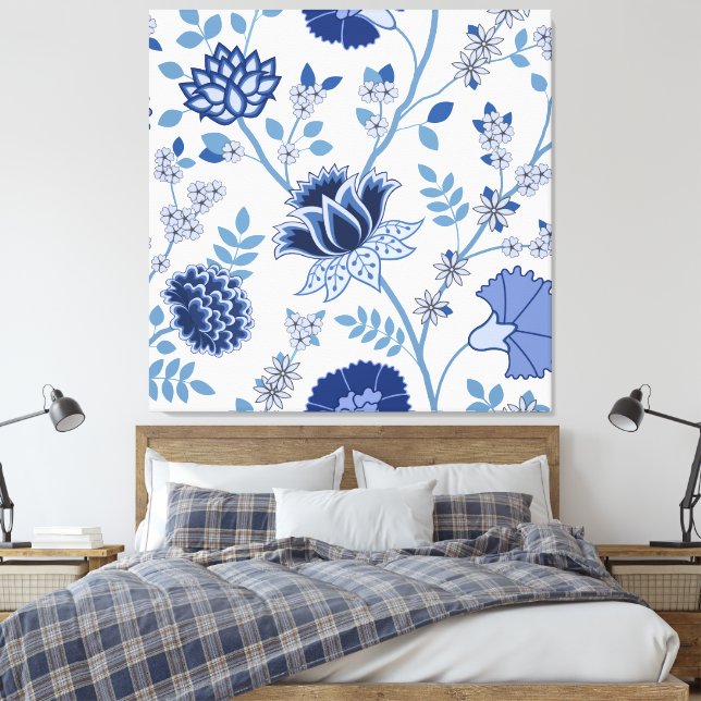 Jacobohne Floral Lg Muster Blau auf Weiß Leinwanddruck (Insitu (Schlafzimmer))