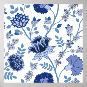 Jacobohne Floral Lg Muster Blau auf Weiß Poster