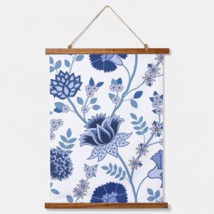 Jacobohne Floral Lg Muster Blau auf Weiß Wandteppich Mit Holzrahmen