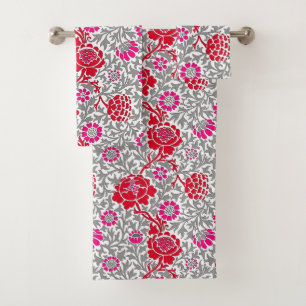 Jacobohne Floral , tiefrotes Rosa und Grau Badhandtuch Set