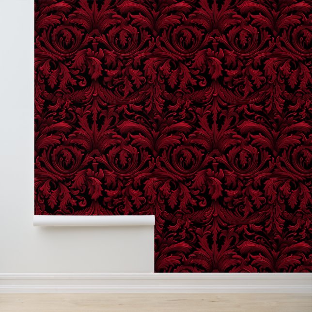 Jacquard Swirling Wallpaper Red Gothic Tapete (Anwendung)