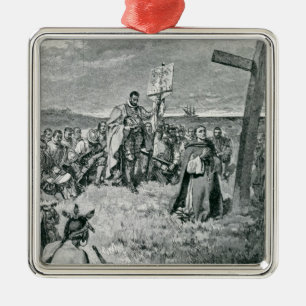 Jacques Cartier, der ein Kreuz bei Gaspe gründet Silbernes Ornament