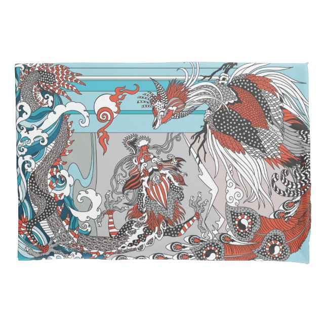 Jade Dragon and Gold Phoenix playing with a pearl  Kissenbezug (Vorderseite)