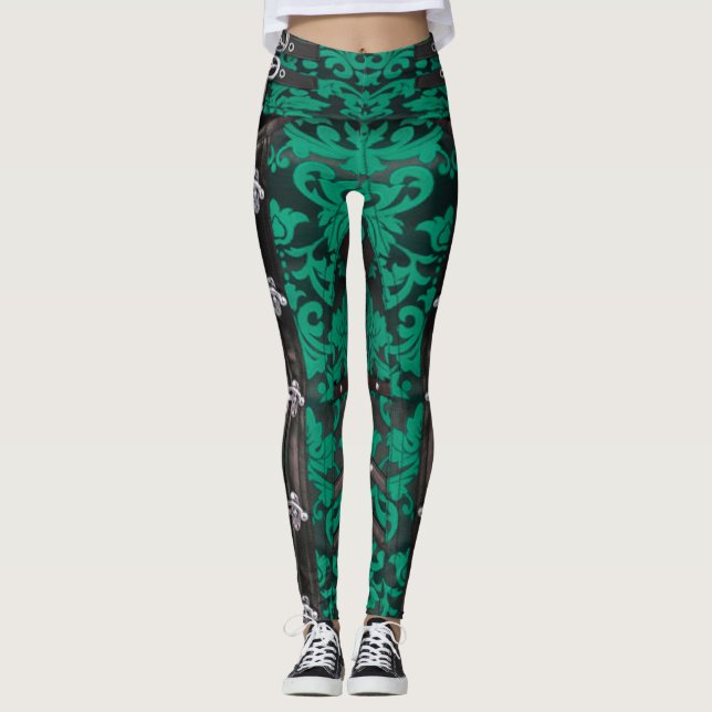 Jade Floral Viktorianisch Steampunk Spandex Leggin Leggings (Vorderseite)