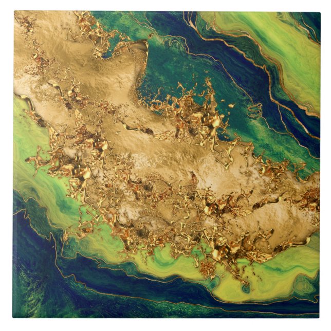 Jade Green and Bronze Gold Abstract Fliese (Vorderseite)