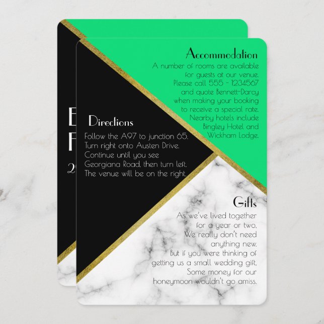 Jade Green Art Deco Hochzeit zusätzliche Informati Einladung (Vorne/Hinten)
