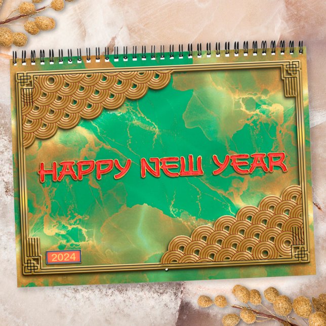Jade Green Red Gold Chinesisch Zodiac unterzeichne Kalender (Cover)