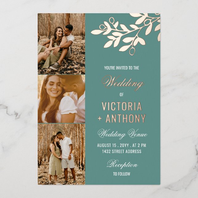 Jade Green Rose Gold Berry Twig 3 Fotos Wedding Folieneinladung (Vorderseite)