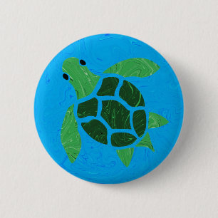Jade Green Sea Turtle auf Marble Ocean Blue Button