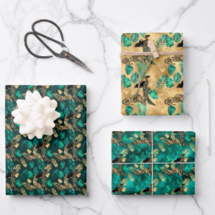 Jade Green und Gold Foil Look Leopard Print Geschenkpapier Set