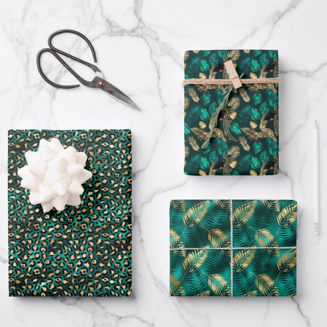 Jade Green und Gold Foil Look Leopard Print Geschenkpapier Set (Vorderseite)